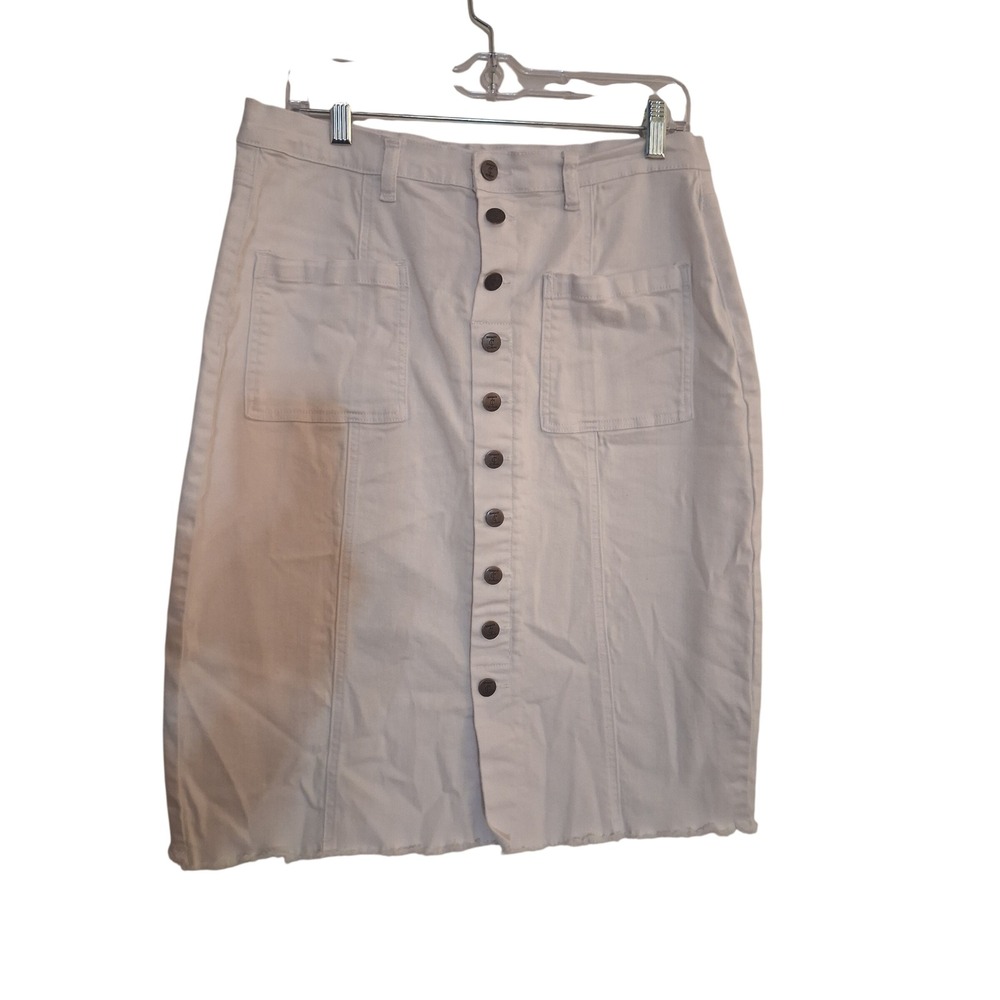 Inherit Clothing Company White Denim Button Front Midi Skirt Raw Hem Womens 16